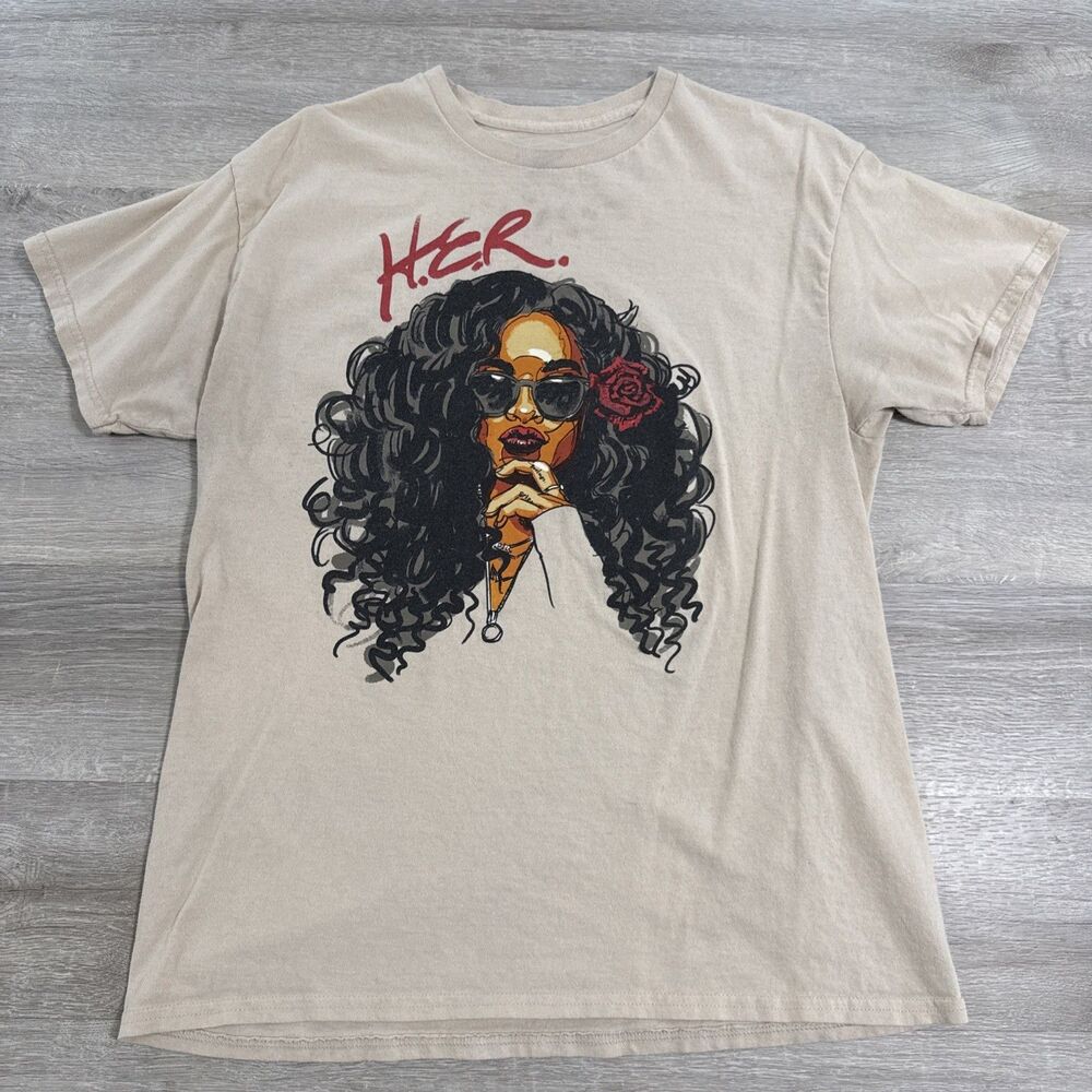 H.E.R. Shirt R&B Singer Music Beige Large Portrait Tee 100% Cotton